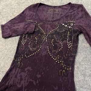 Cristina Womens Purple Burnout Ribbed Rhinestone Graphic Top Small
